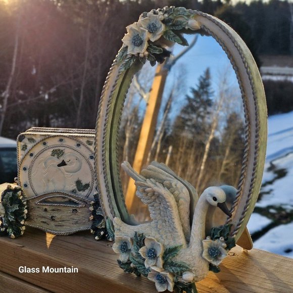 SOLD - Innovation Royal Serenity Vintage Swan and Floral Coasters & Mirror - Picture 2 of 16